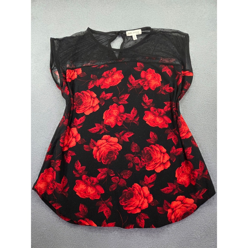 Faith and Joy Womens Floral Mesh Yoke Sleeveless Top Size M Red Black Romantic